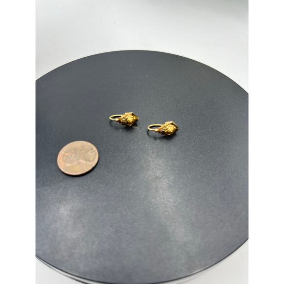 Designer Signed Vintage 18k Yellow Gold Flower Floral Dangle Drop Hook Earrings - Picture 2 of 15